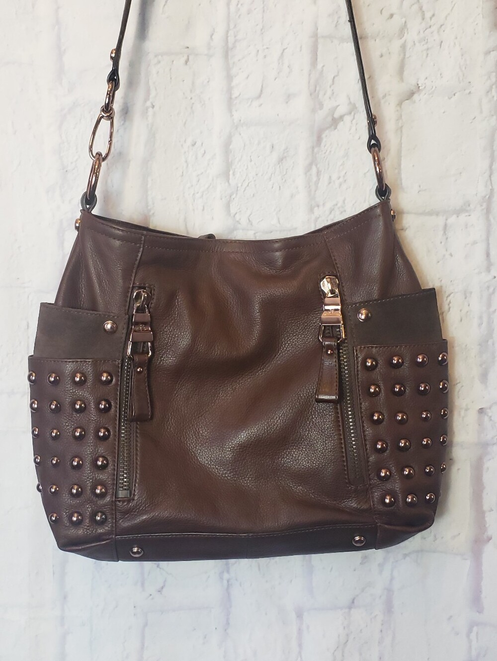 B. MAKOWSKY Brown Pebbled Leather Studded Convertible Crossbody Shoulder Bag